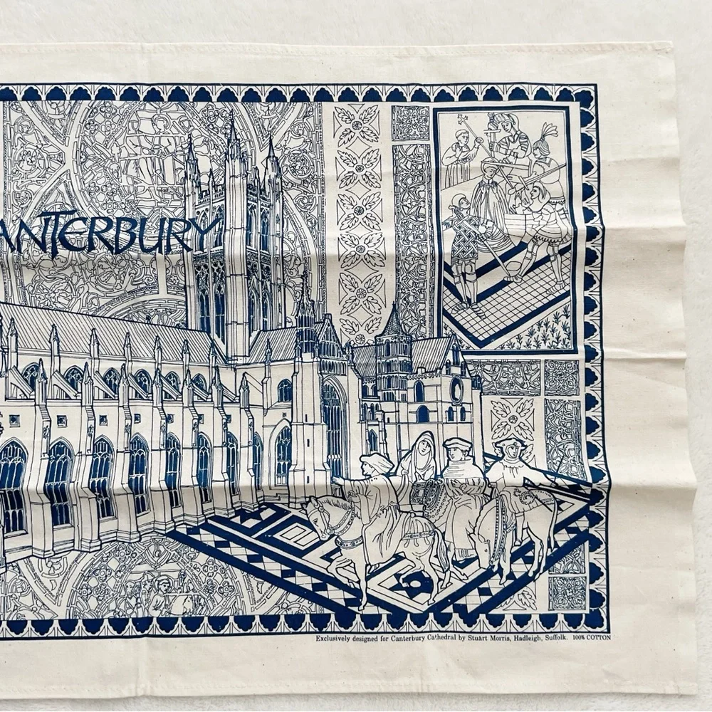 Vintage Canterbury Cathedral Tea Towel Stuart Morris Cotton Blue